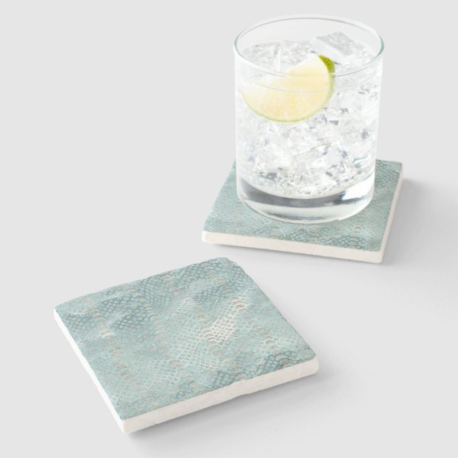 Aqua Blau Silber Schlangenmuster Steinuntersetzer (Seitenansicht)
