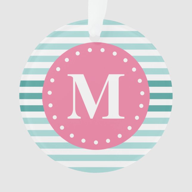 Aqua Blau Streifen Muster rosa Monogramm Ornament (Vorderseite)