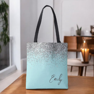 Aqua Blau Teal Silber Glitter Monogramm