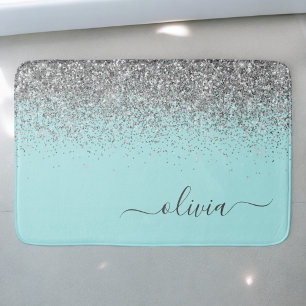 Aqua Blau Teal Silber Glitter Monogramm Badematte