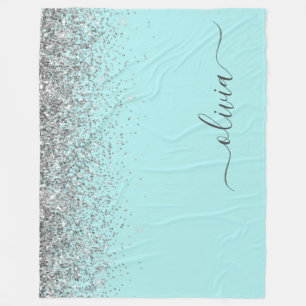 Aqua Blau Teal Silber Glitter Monogramm Fleecedecke