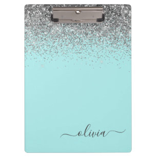 Aqua Blau Teal Silber Glitter Monogramm Klemmbrett