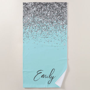 Aqua Blau Teal Silber Glitter Monogramm Strandtuch