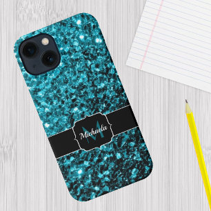 Aqua blau Türkis falscher Glitter funkelt Monogram iPhone 15 Hülle