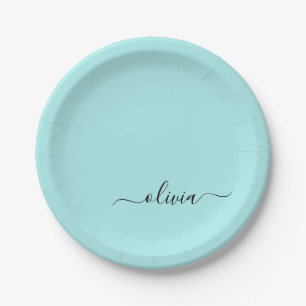 Aqua Blau Türkis Mädchenname Monogramm Modern Pappteller