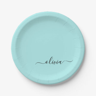 Aqua Blau Türkis Mädchenname Schriftzug Modern Pappteller