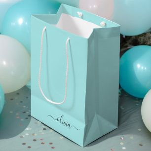 Aqua Blau Türkis Moderner Schriftzug Mädchen Monog Mittlere Geschenktüte