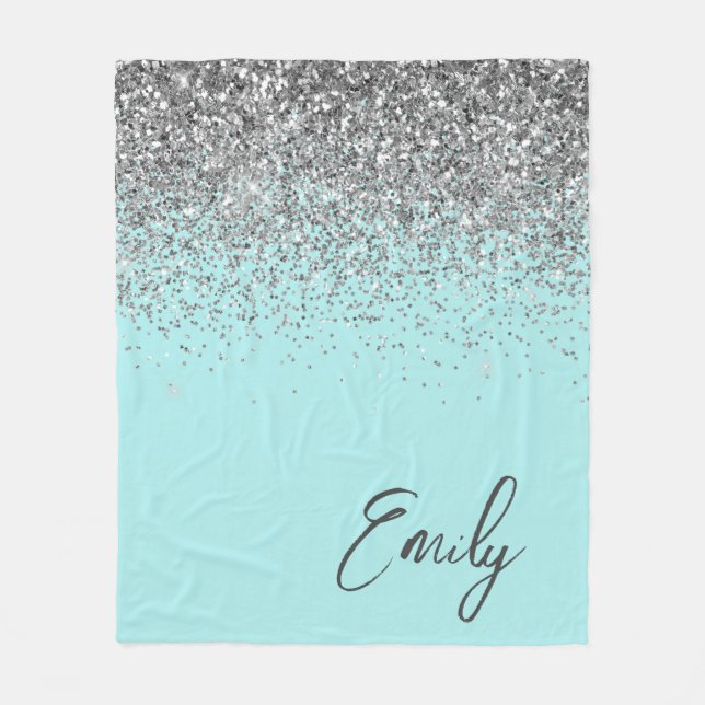 Aqua Blau Türkis Silber Glitter Monogramm  Fleecedecke (Vorderseite)
