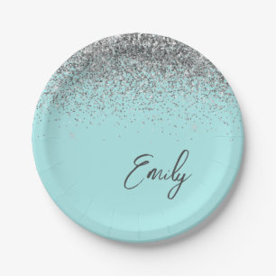 Aqua Blau Türkis Silber Glitter Monogramm Pappteller
