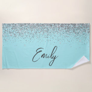 Aqua Blau Türkis Silber Glitter Monogramm Strandtuch