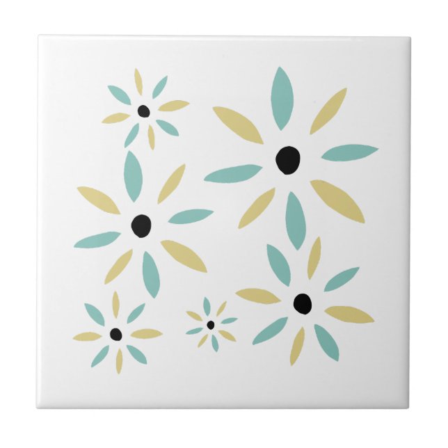 Aqua Blau Und Gelbe Mid Mod Retro Blumen Fliese (Vorderseite)