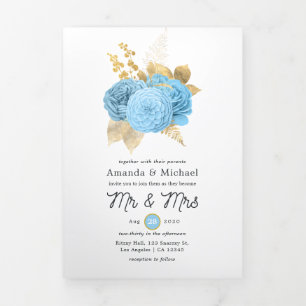 Aqua Blau und Gold Blumen Hochzeitsfoto Tri-Fold I Dreifach Gefaltete Einladung
