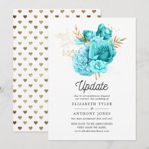 Aqua Blau und Gold Blumen Hochzeitsupdate Einladung