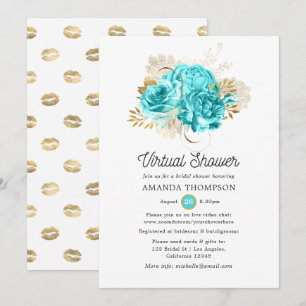 Aqua Blau und Gold Blumen Virtuelle Dusche Einladung