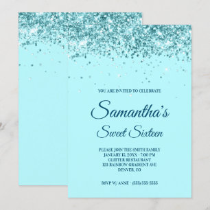 Aqua Blau und Türkis Glitter Sweet Sixteen Einladung
