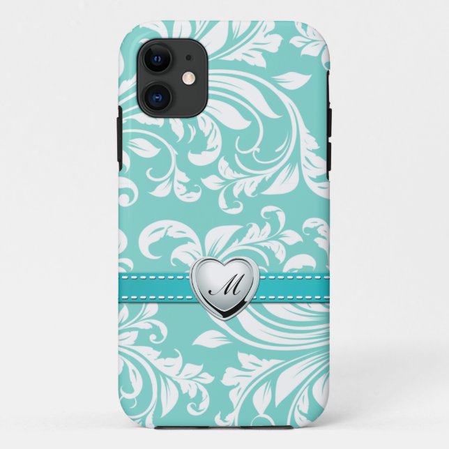 Aqua Blau-Weiß-Damast-Muster mit Monogramm Case-Mate iPhone Hülle (Rückseite)