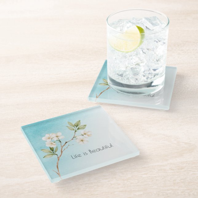 Aqua Blau Weiße Floral Glasuntersetzer (Schrägansicht)