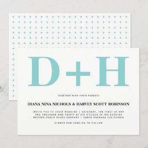 Aqua Blau, weiße Initialen fett Typografie Hochzei Einladung