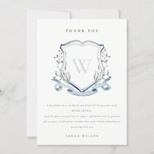 Aqua Blau Wildblumen Monogramm Wappen Brautparty Dankeskarte