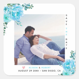 Aqua-blaue Aquarellfarben-Blume, grüne Blätter Fot Quadratischer Aufkleber