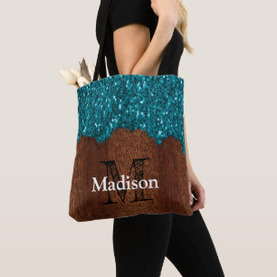 Aqua blaue Funken rustikaler brauner Holz Monogram