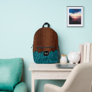 Aqua-blaue Glitzern, rustikal-braunes Holz Monogra Bedruckter Rucksack