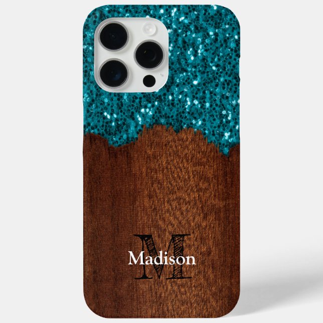 Aqua-blaue Glitzern, rustikal-braunes Holz Monogra Case-Mate iPhone Hülle (Rückseite)