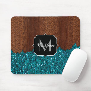 Aqua-blaue Glitzern, rustikal-braunes Holz Monogra Mousepad