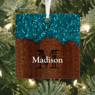 Aqua-blaue Glitzern, rustikal-braunes Holz Monogra Ornament Aus Metall