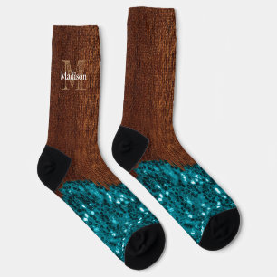 Aqua-blaue Glitzern, rustikal-braunes Holz Monogra Socken