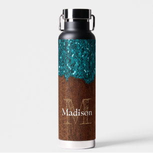 Aqua-blaue Glitzern, rustikal-braunes Holz Monogra Trinkflasche