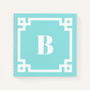 Aqua Blaue Griechische Schlüsselrand-Monogramm-Not Notizbuch