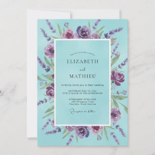 Aqua Blaue Romantische Lavendel-Hochzeit Einladung