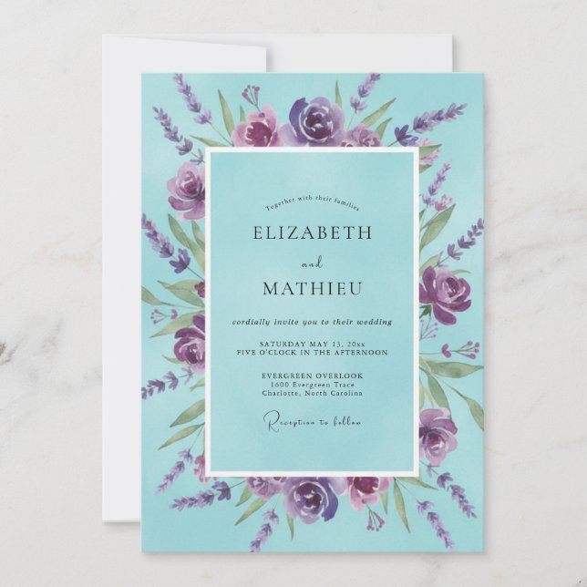 Aqua Blaue Romantische Lavendel-Hochzeit Einladung (Vorderseite)