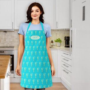Aqua Blaue Seepferdchen Muster Monogrammierte Köch Schürze