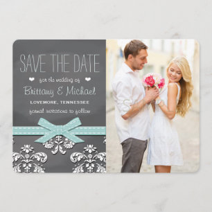Aqua Blaue Tafel-Lace & Schleife Save-the-Date-Kar Save The Date
