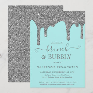 Aqua Blaue Teal Silber Glittertropfen Brunch Sprud Einladung