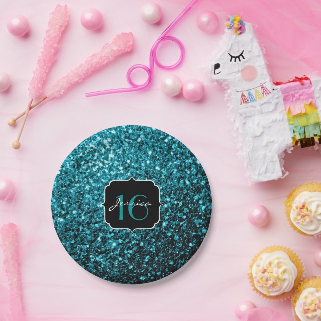 Aqua blauen glänzenden Imitate Glitzer Glitzern Sw Pappteller (Party)