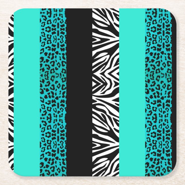 Aqua-blauer Leopard und Zebra-Tierdruck Rechteckiger Pappuntersetzer (Vorderseite)