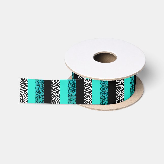 Aqua-blauer Leopard und Zebra-Tierdruck Satinband (Spule)