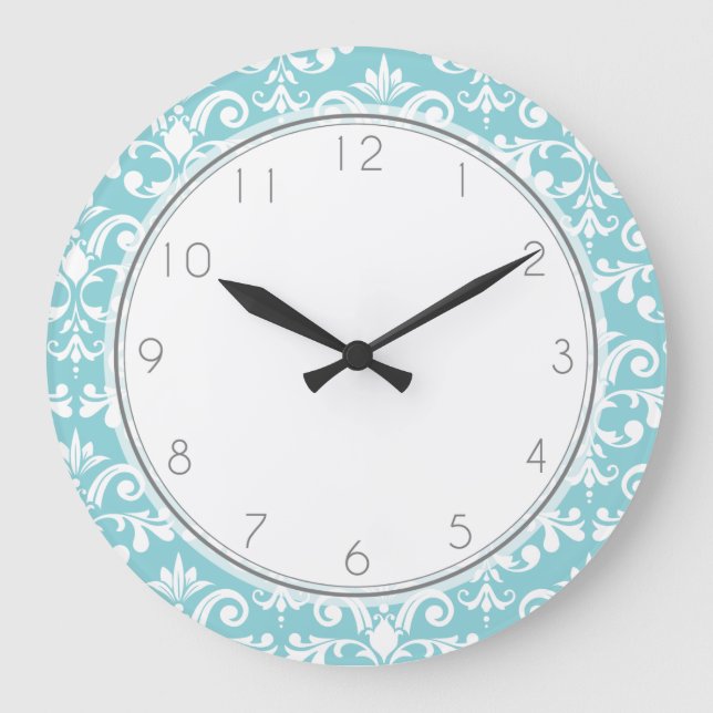 Aqua-blaues Damast-Muster-Muster Große Wanduhr (Vorderseite)