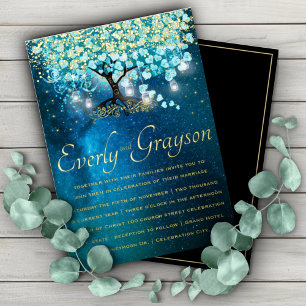 Aqua Blaues Herz Blatt Baum Goldene Hochzeit Folieneinladung