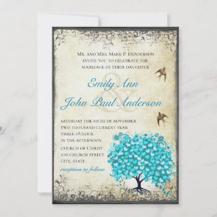 Aqua Blaues Herzblatt-Baum Vintage-Vogel-Pergament Einladung