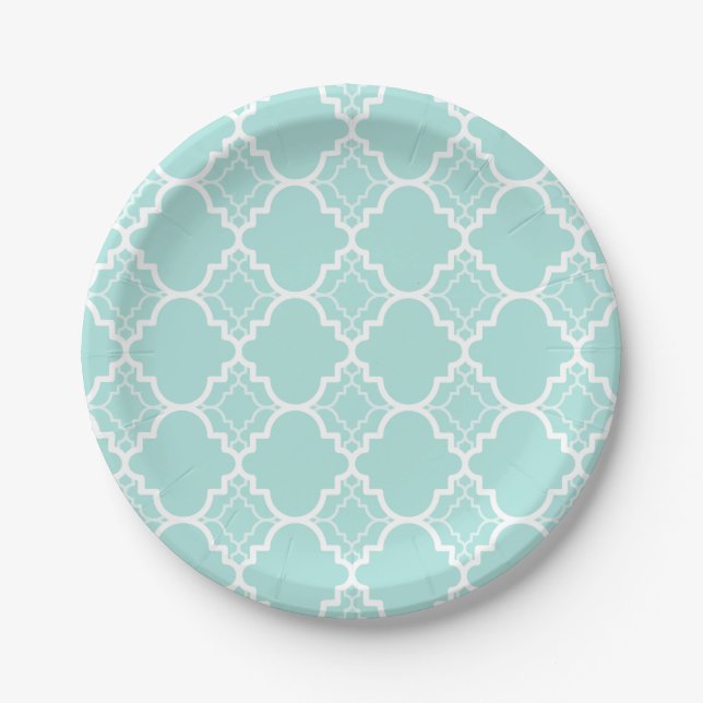 Aqua blaues Quatrefoil geometrisches Muster Pappteller (Vorderseite)