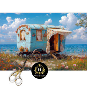 Aqua Blaues Strand-Zigeunerwagen-Decoupage Seidenpapier