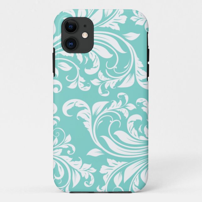 Aqua-blaues und weißes Damasked Muster Case-Mate iPhone Hülle (Rückseite)
