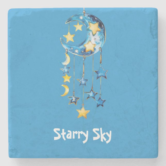 Aqua Blausternhimmel Gelbe Sterne Monde Steinuntersetzer (Vorderseite)