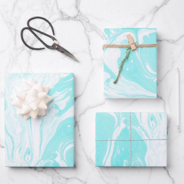 Aqua Blue Abstrakt Marble  Geschenkpapier Set (Vorderseite)