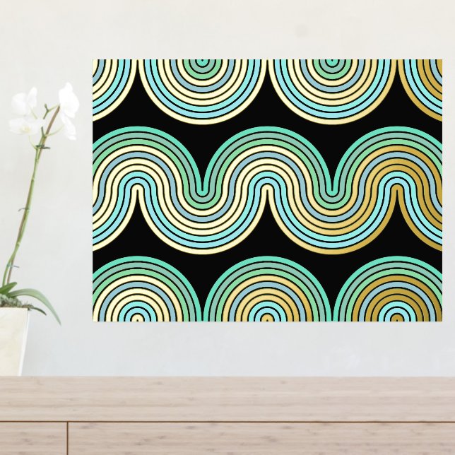 Aqua Blue Abstrakt Wave Lines Art Muster Gold Foliendrucke (In Situ (Eingangstisch))