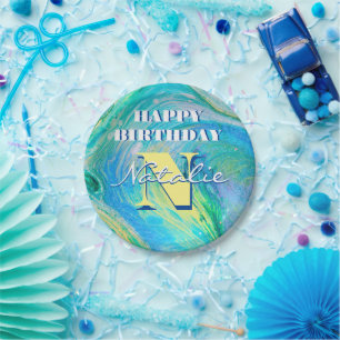 Aqua Blue Acrylic Flow Art Pappteller